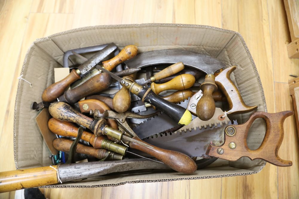 Assorted hand tools including saws, book binding tool etc